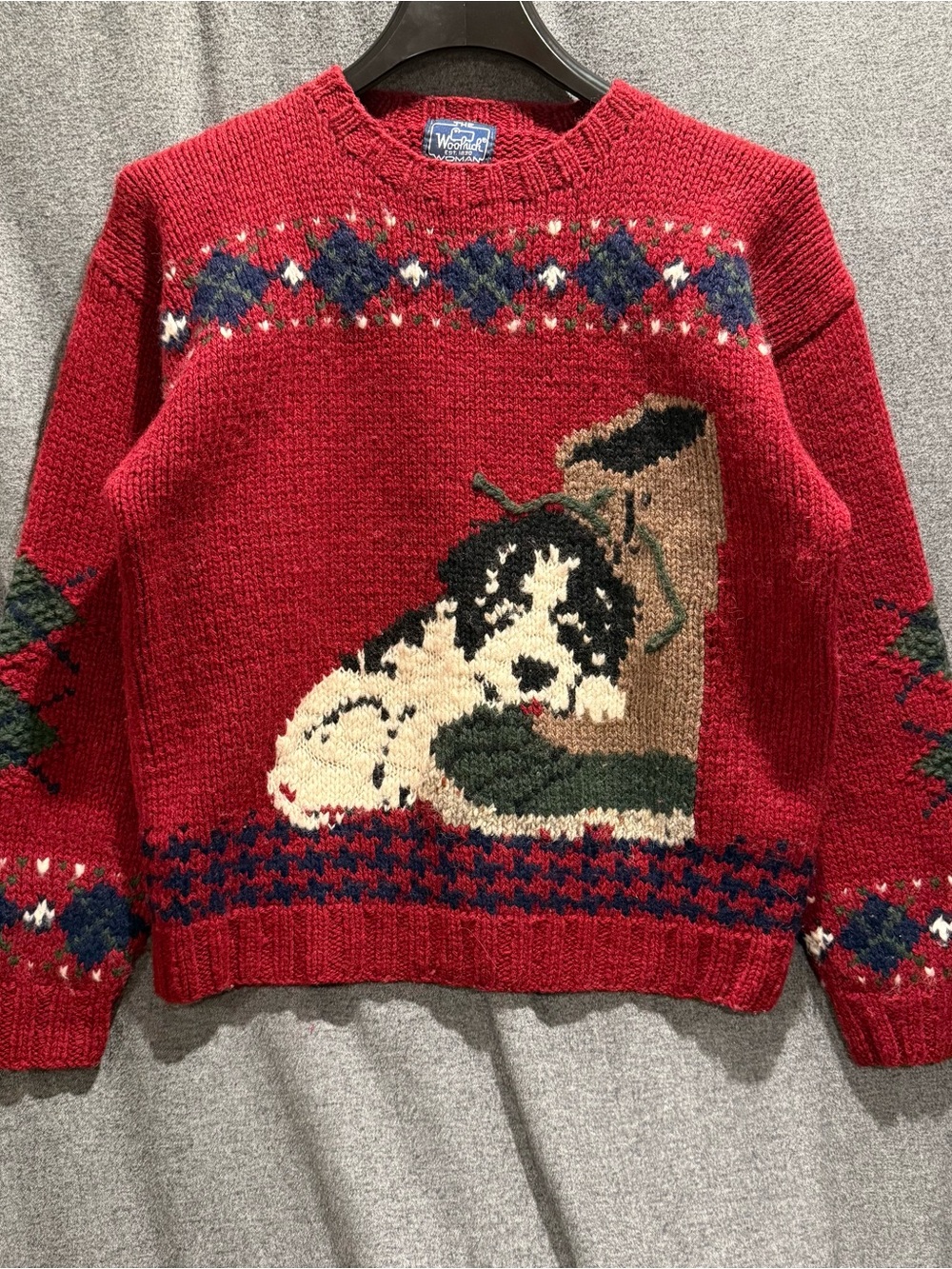 Woolrich Womens XL Red Novelty Boot & Dog Knit Sweater 100% wool.